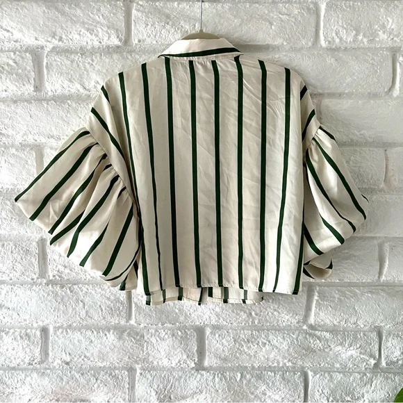 Elegant Milk & Honey Striped Button Down Blouse Puffy Sleeves - Picture 7 of 9